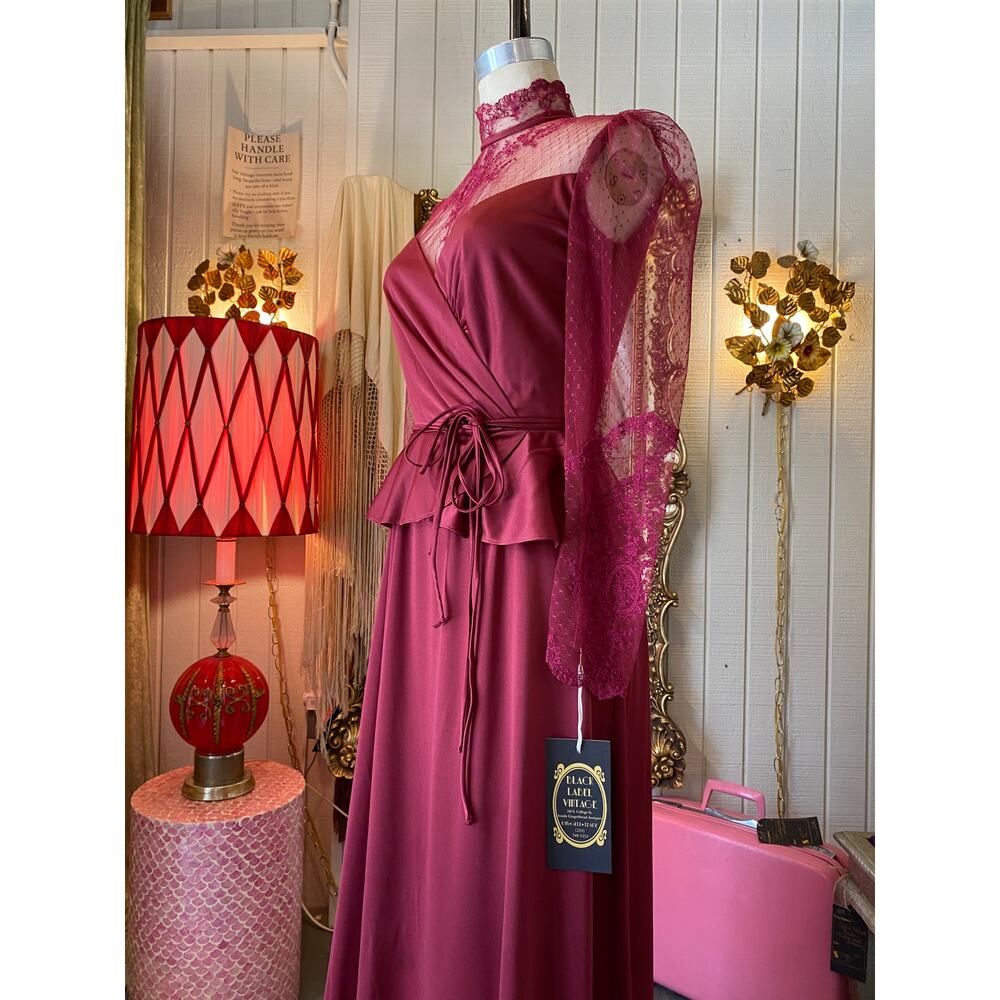 vintage 1970s maroon peplum maxi dress, embroidered net lace, wednesday, med 28 - Picture 6 of 10